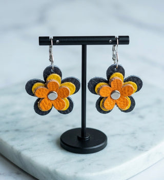 Navy, Yellow, Orange Daisy Layered Leather Earrings by Deb