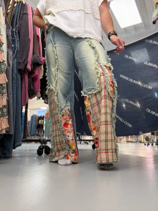 Denim Floral and Plaid Patch Wide Leg Pants - Denim *PREORDER* Oli & Hali | Dallas