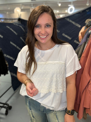Washed Oversized Embroidery Lace Mix Short Sleeve Top - Off White *PREORDER* Oli & Hali | Dallas