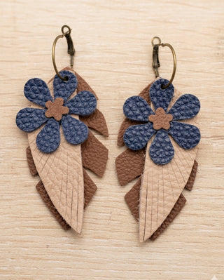 Brown, Beige, Navy Leather Layered Earrings by Deb