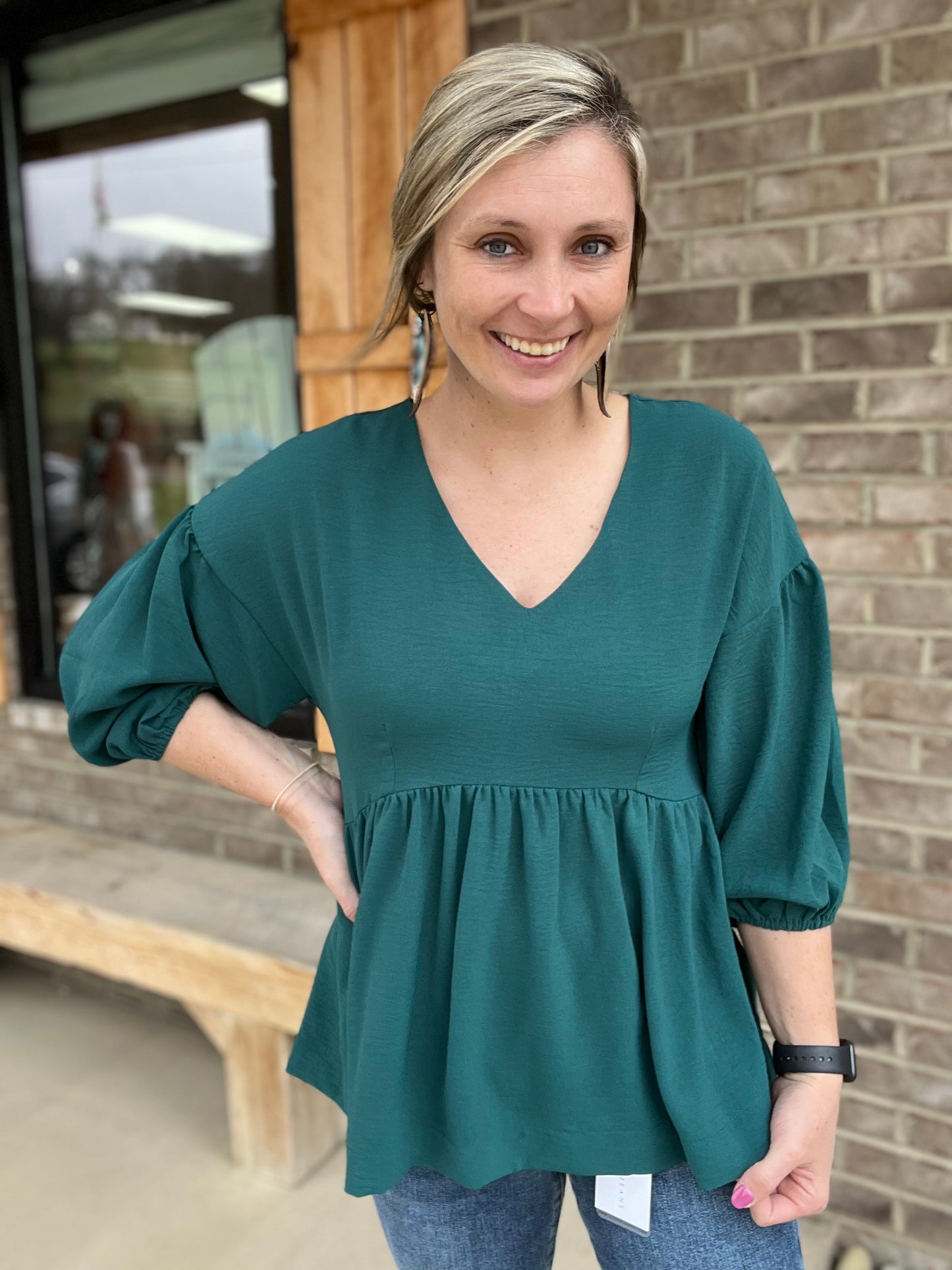 9240- Hunter Green Balloon Sleeve 3/4 Sleeve Top [UMGEE]