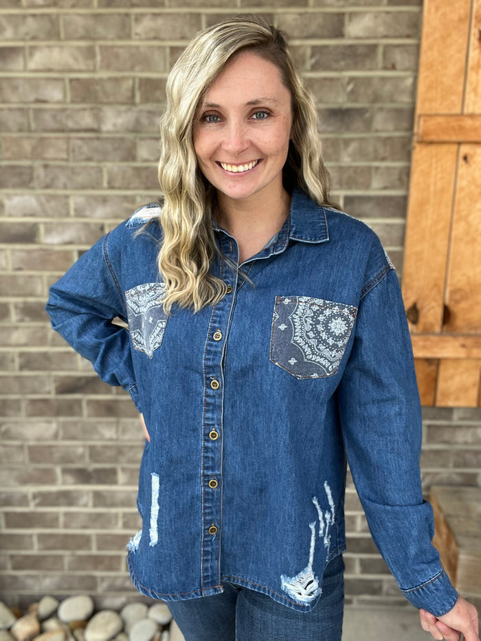 2787- Washed Denim Button Up Shacket w/ Bandana Print Sleeve Detail