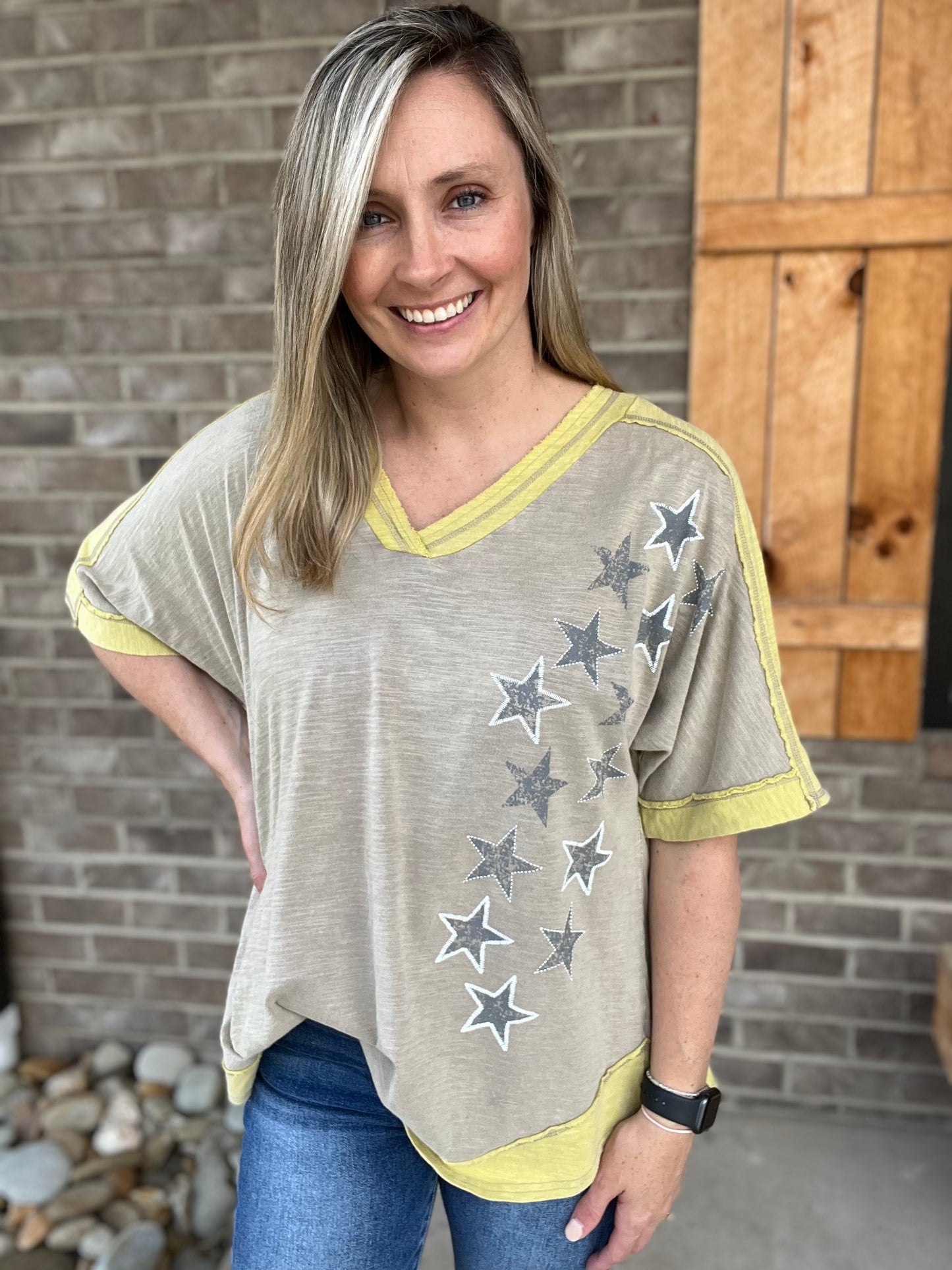 2285- Mushroom Short Sleeve Distressed Top w/ Star Detail