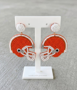 Orange White Beaded Football Helmet Stud Earrings