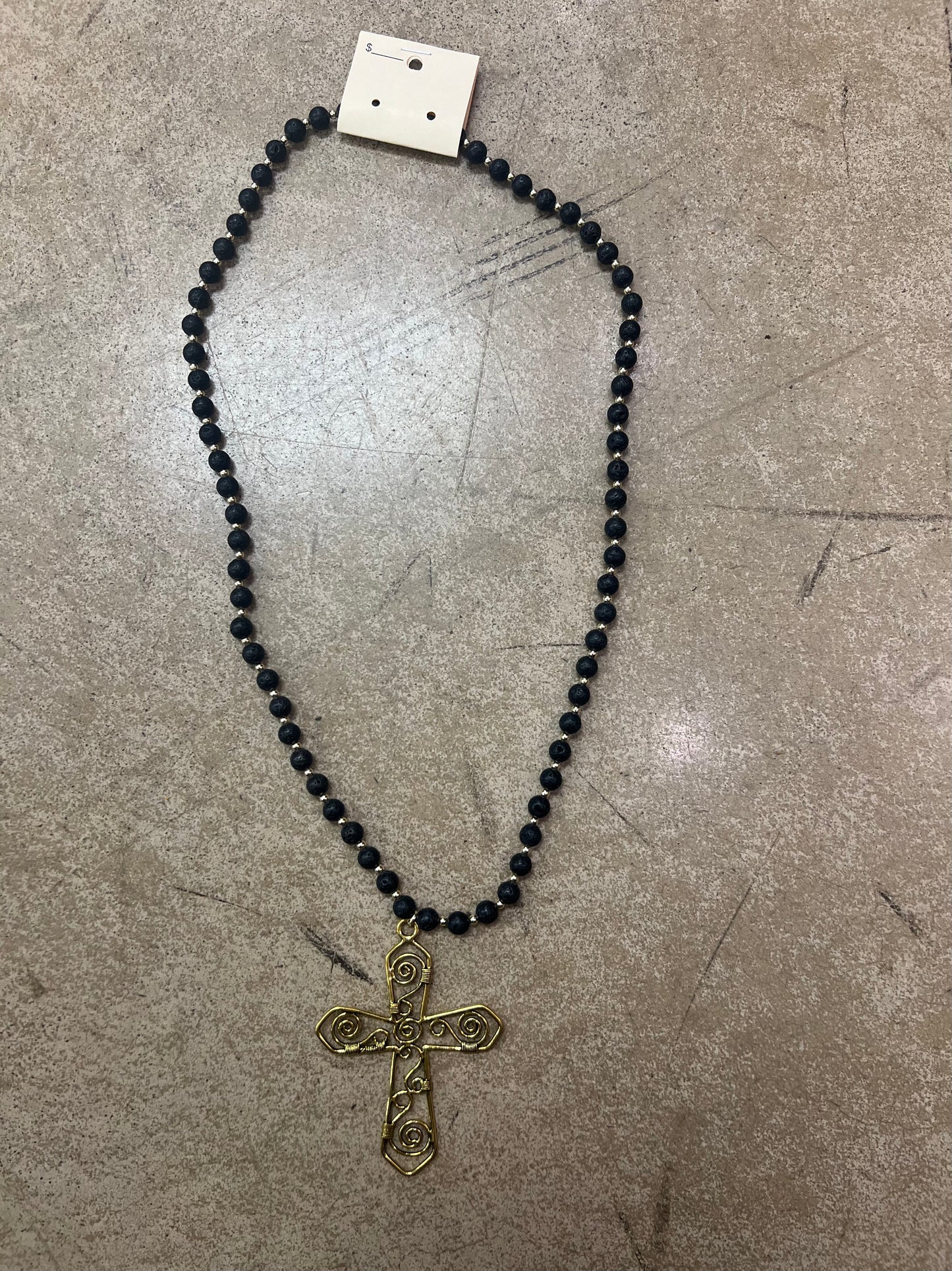 2685- Black Beaded Necklace w/ Gold Cross