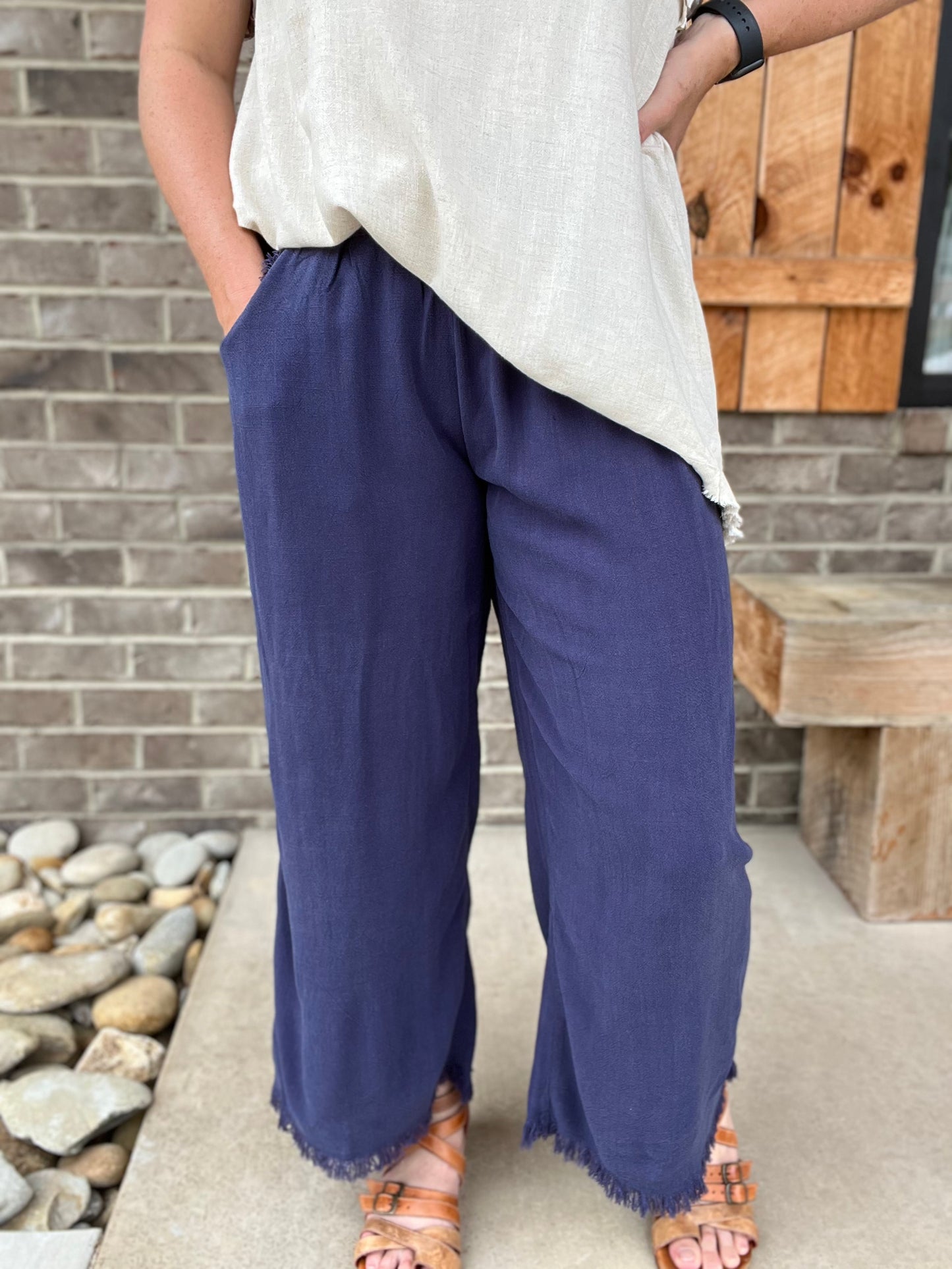 2663- Navy Wide Leg Linen Pants