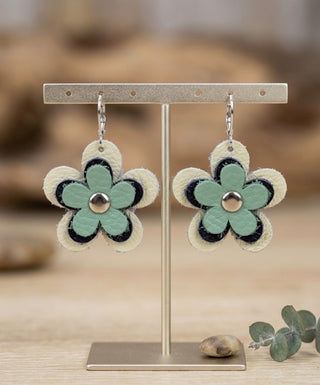Cream, Navy, Green Daisy Leather Earrings by Deb