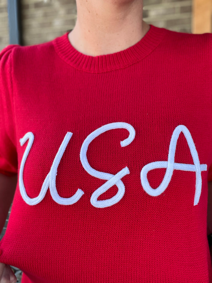 2453- Red USA Short Sleeve Sweater