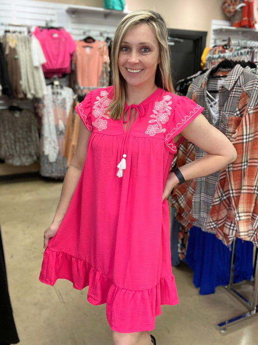 969- Hot Pink Embroidered Neck Dress