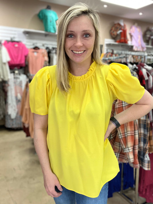 967- Yellow Pleated Bubble Short Sleeve Top