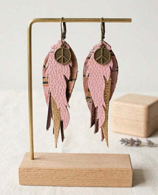 Pink, Gold, Brown Peace Sign  Layered Earrings by Deb