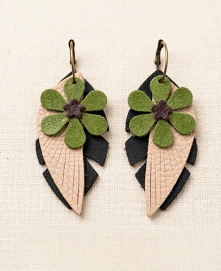 Black, Beige, Olive Daisy Layer Earrings by Deb