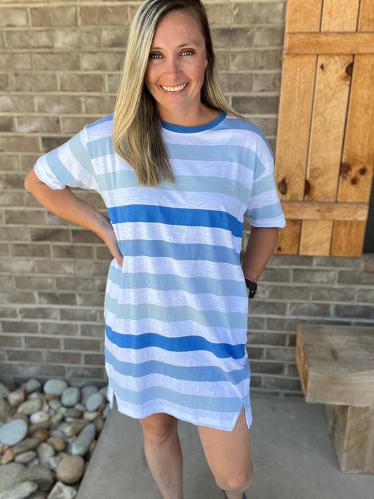 2365- Blue Stirpe Boxy Oversized Dress by Simply Southern