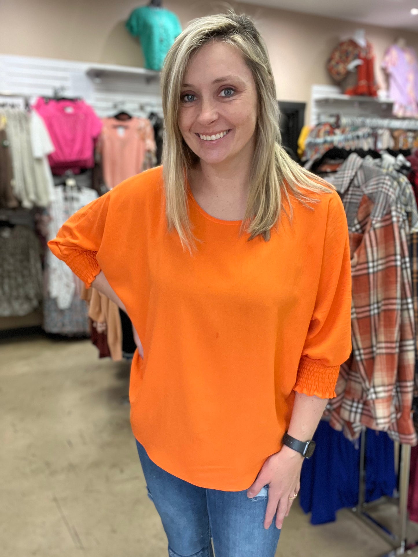 992- Orange 3/4 Length Sleeve Top w/ Smocked Sleeves