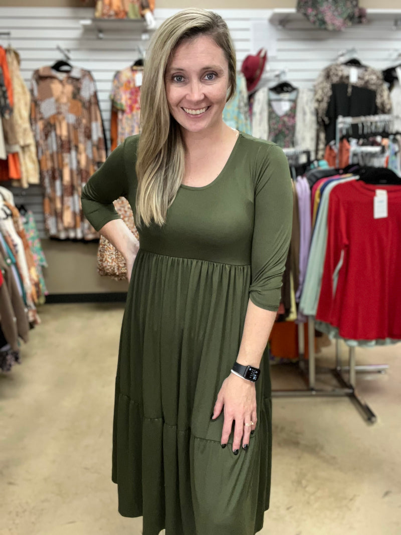 3397- Olive Tier Mid Calf Dress