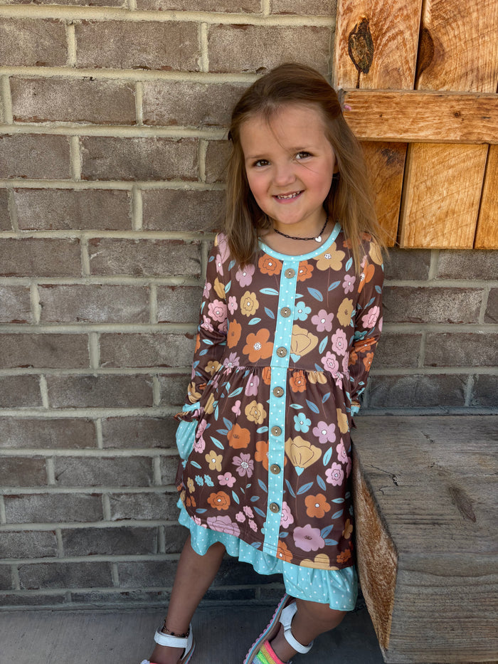 Girls Brown Floral Ruffle Pocket Tie Fall Dress *KIDS*
