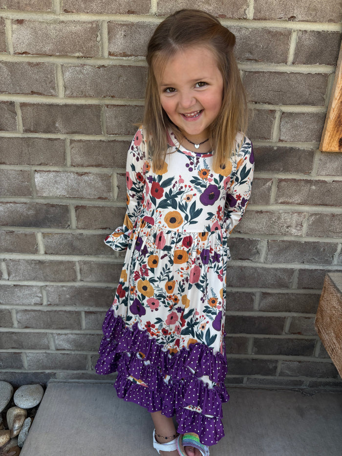 Girls Purple Dot & Winter Floral Long Sleeve 3 Ruffle Dress *KIDS*
