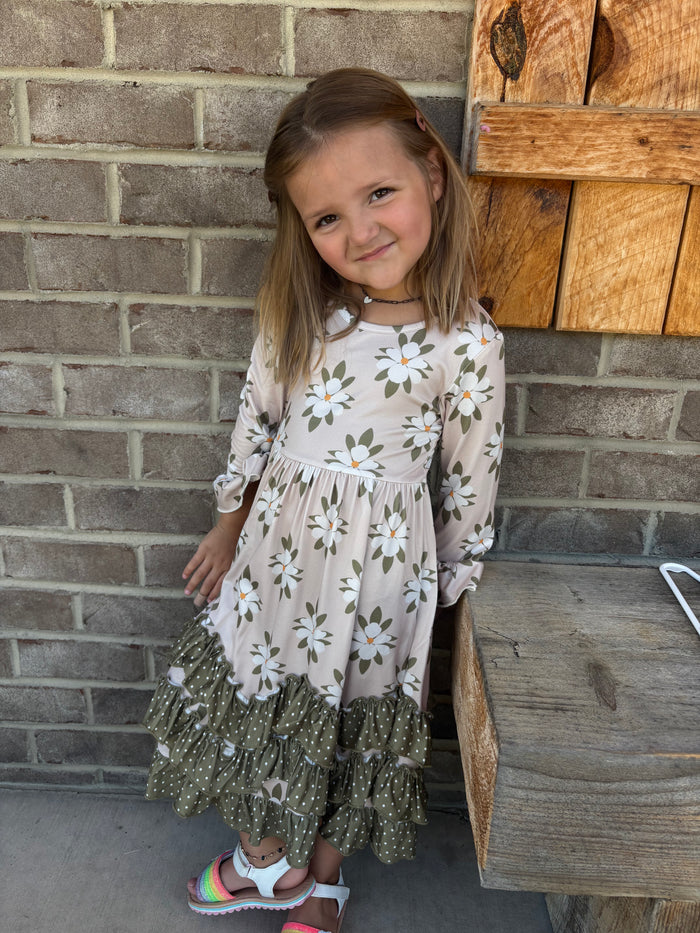 Girls Sage Dot & White Flower Long Sleeve 3 Ruffle Dress
