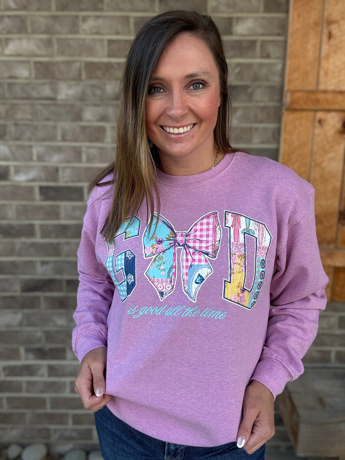 God Is Good All The Time Patchwork Bow Crewneck by Simply Southern