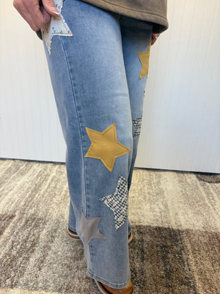 Gold Star Patch Washed Stretch Denim Pants by Easel