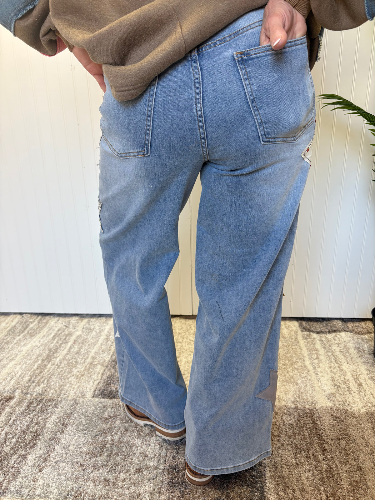 Gold Star Patch Washed Stretch Denim Pants by Easel