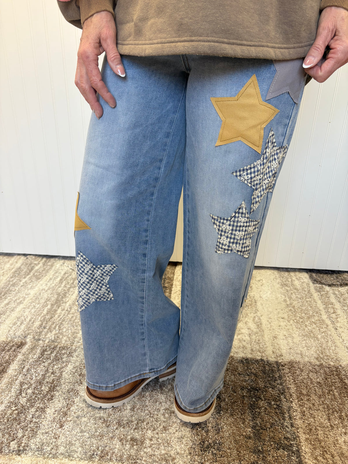 Gold Star Patch Washed Stretch Denim Pants by Easel