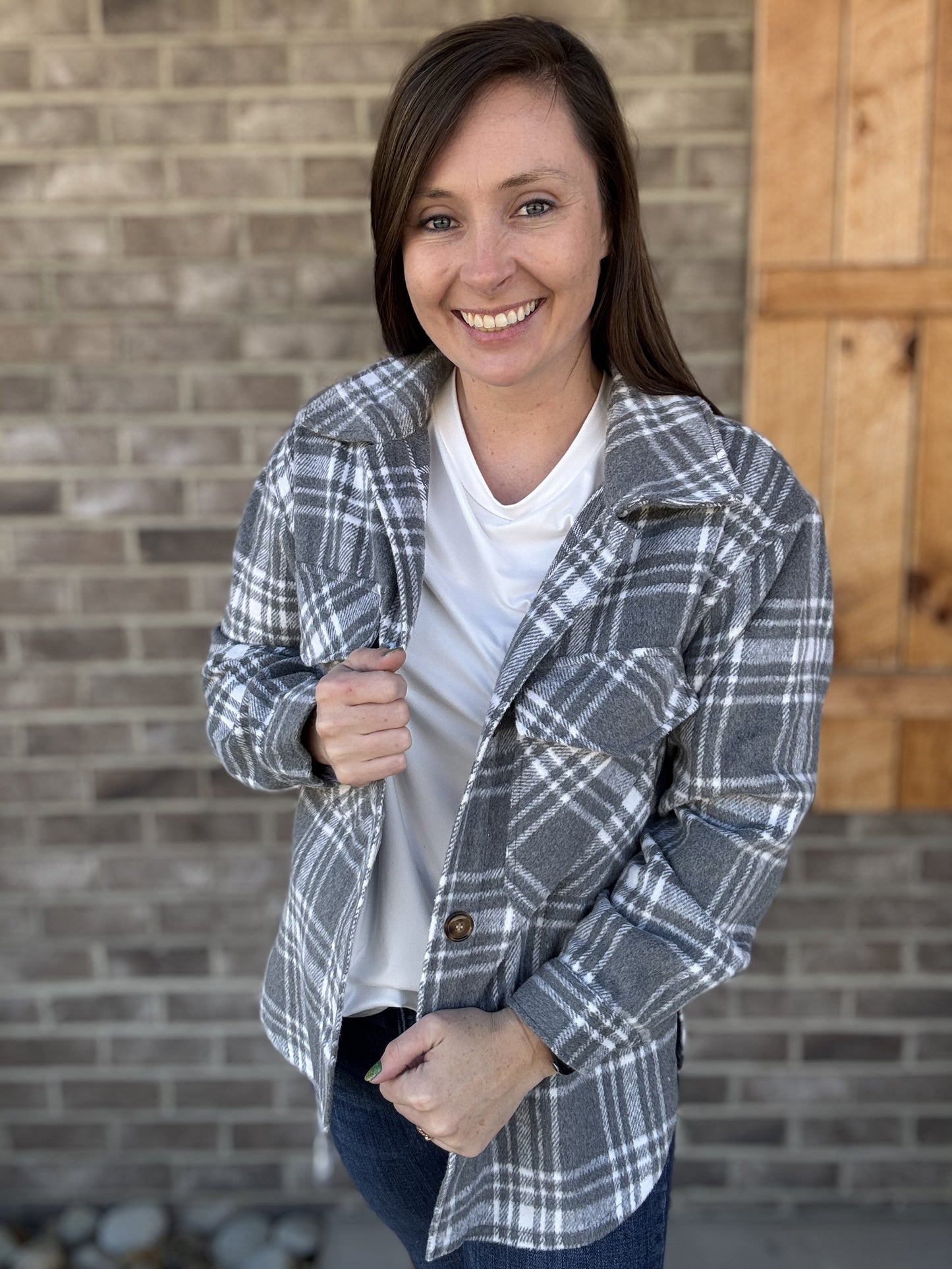 2749- Gray Plaid Button Down Shacket by Simply Southern