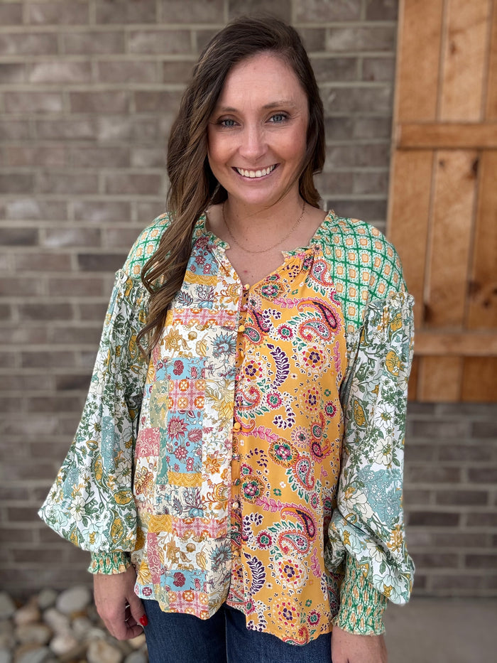 Green Button Front Print Mixed Blouse by Oli & Hali
