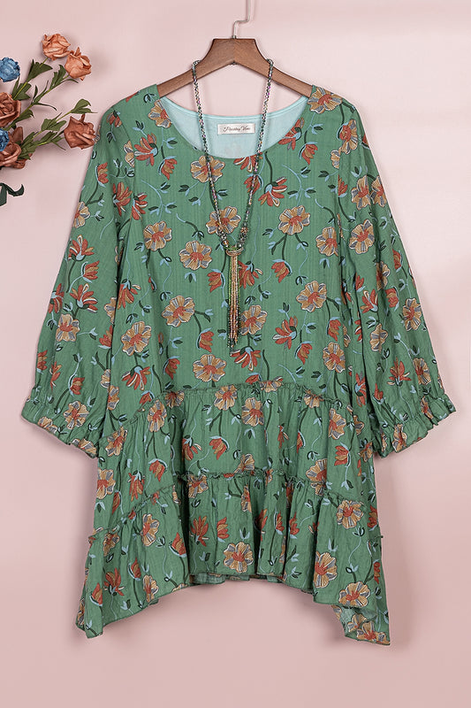 Green Floral Print Ruffle Accent Tunic