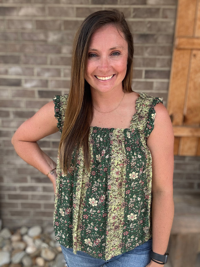 Green Floral Stretch Strap Tank Top by Easel