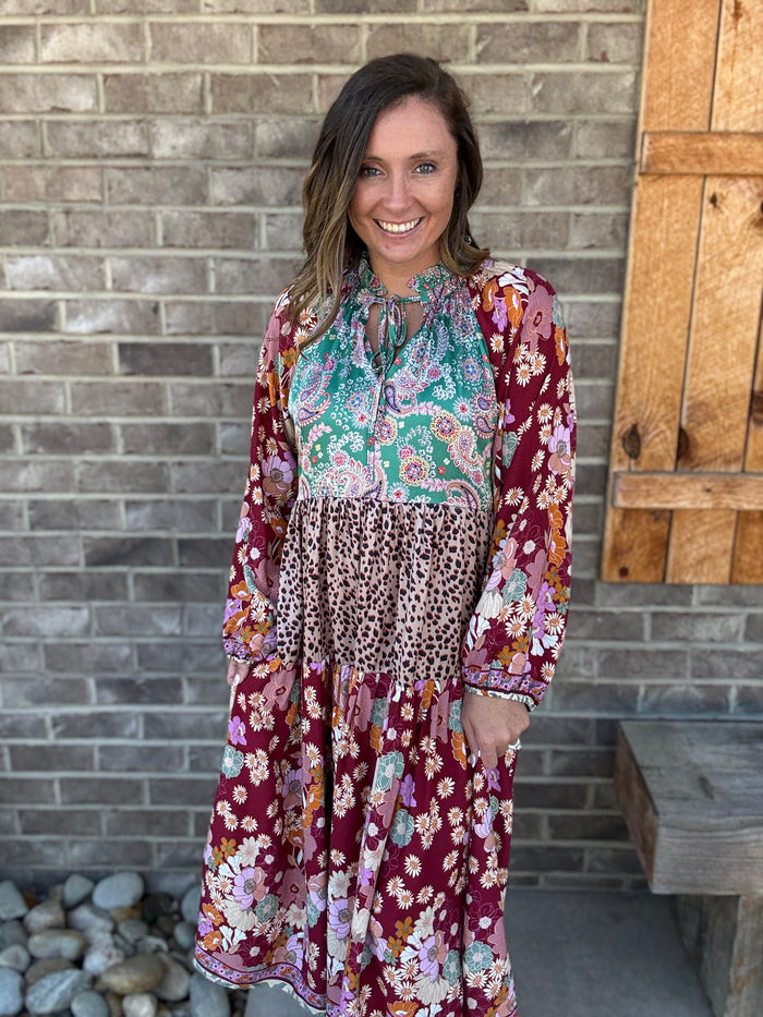 Burgundy & Green Mix Boho Patchwork Print Tiered Midi Dress by Umgee