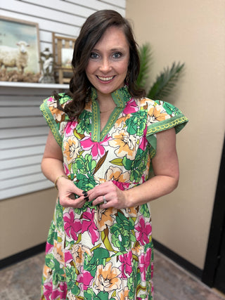 Green Mix Bold Floral Tiered Midi Dress by Umgee