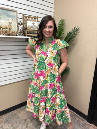 Green Mix Bold Floral Tiered Midi Dress by Umgee