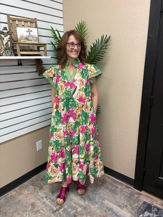 Green Mix Bold Floral Tiered Midi Dress by Umgee Large Green Mix Bold Floral Tiered Midi Dress by Umgee Large