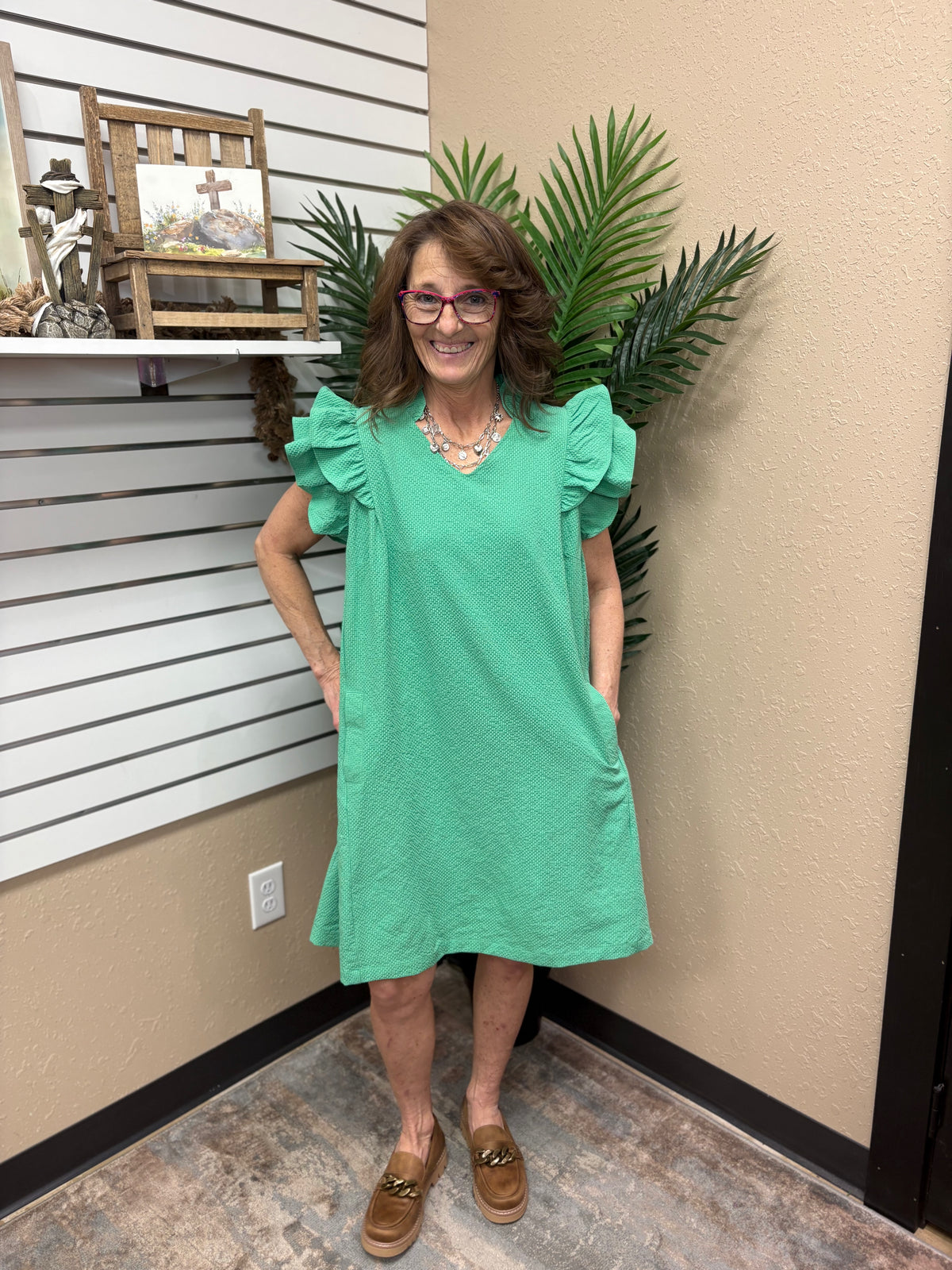 Green Seersucker Ruffle Shift Dress by Umgee