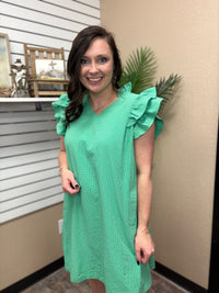 Green Seersucker Ruffle Shift Dress by Umgee