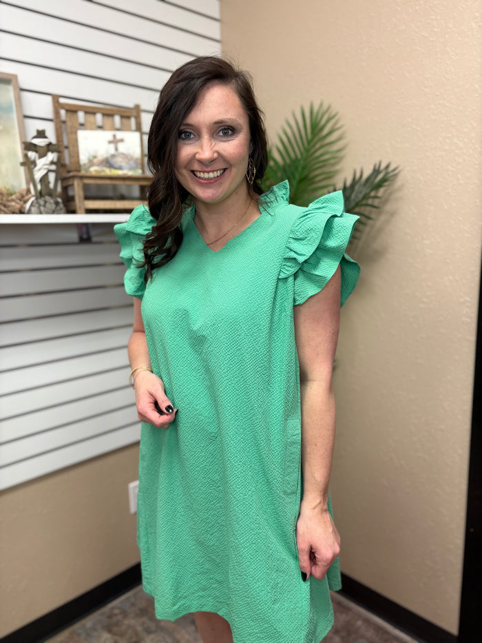 Green Seersucker Ruffle Shift Dress by Umgee