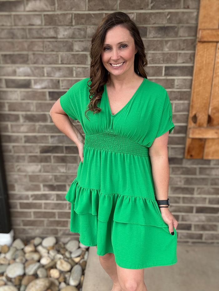 Green V-Neck Dolman Short Sleeve Smocked Waist Ruffle Detail Tiered Dress