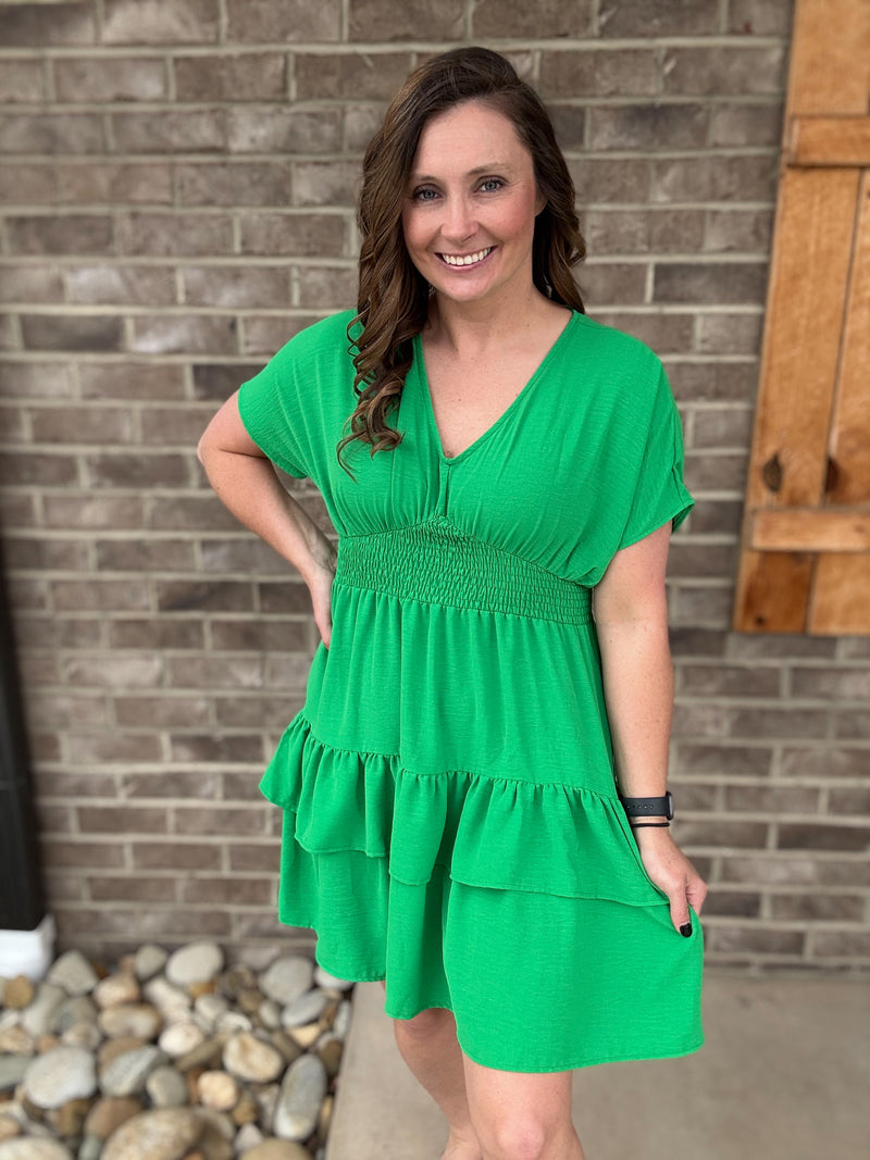 Green V-Neck Dolman Short Sleeve Smocked Waist Ruffle Detail Tiered Dress