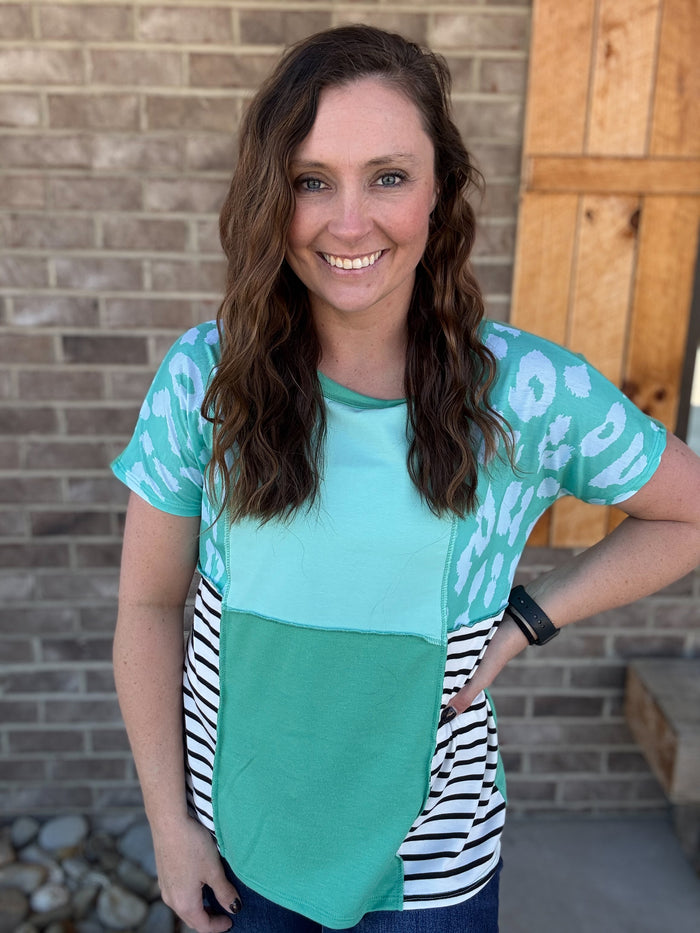 Green Combo Leopard and Stripe Color Block Top w/ Contrast Stitching