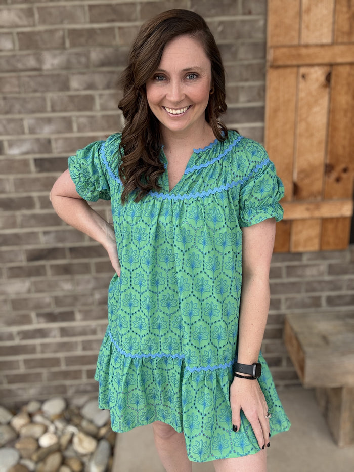 Green Eyelet Mini Dress with Ric Rac Trim by Umgee