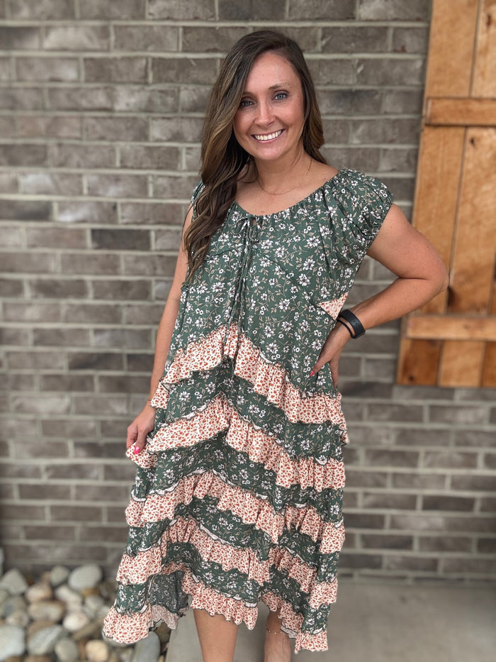 Green Floral Printed Layered Ruffle Maxi Dress by Oli & Hali