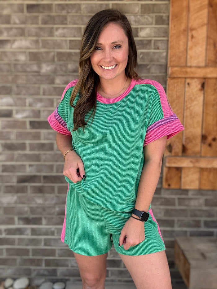 Green & Pink Color Pop Ribbed Lounge Set