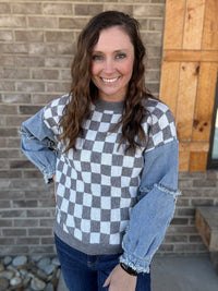 Grey & Ivory Washed Denim Checker Sweater