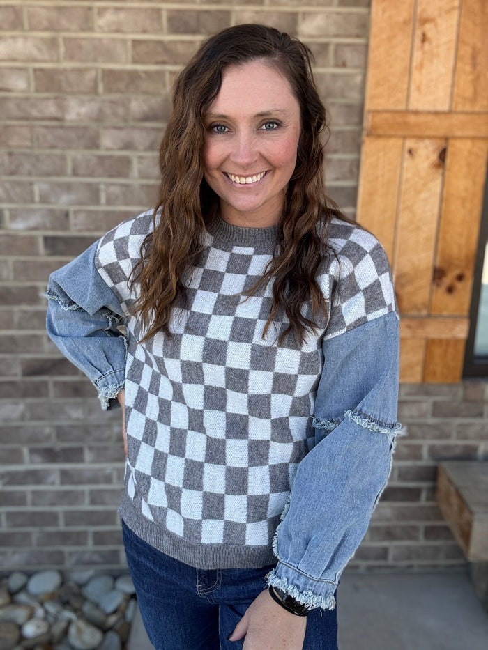 Grey & Ivory Washed Denim Checker Sweater