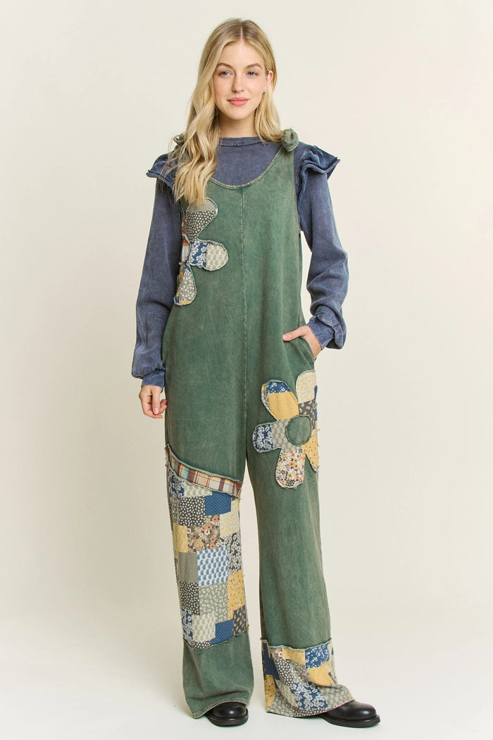 Olive Mineral Washed Daisy Patchwork Tie Jumpsuit by J. Her