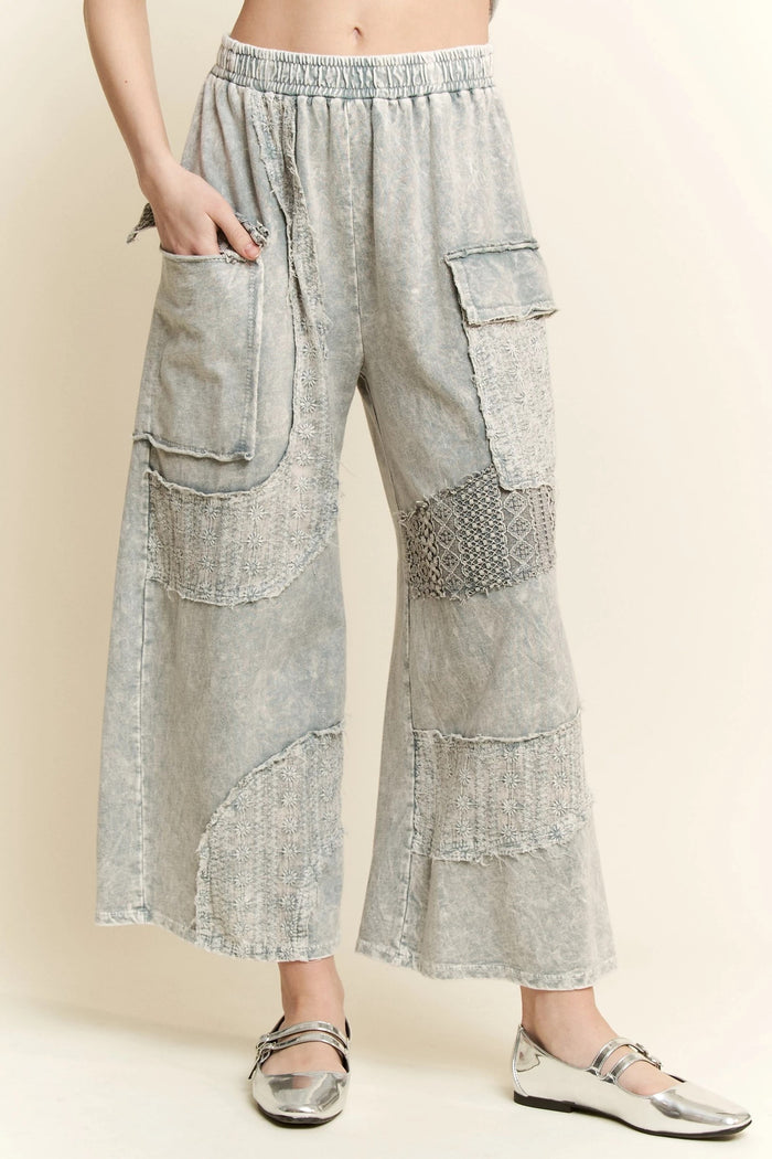 Silver Grey Mineral Washed Eyelet Lace Wide Leg Cargo Pants by J. Her