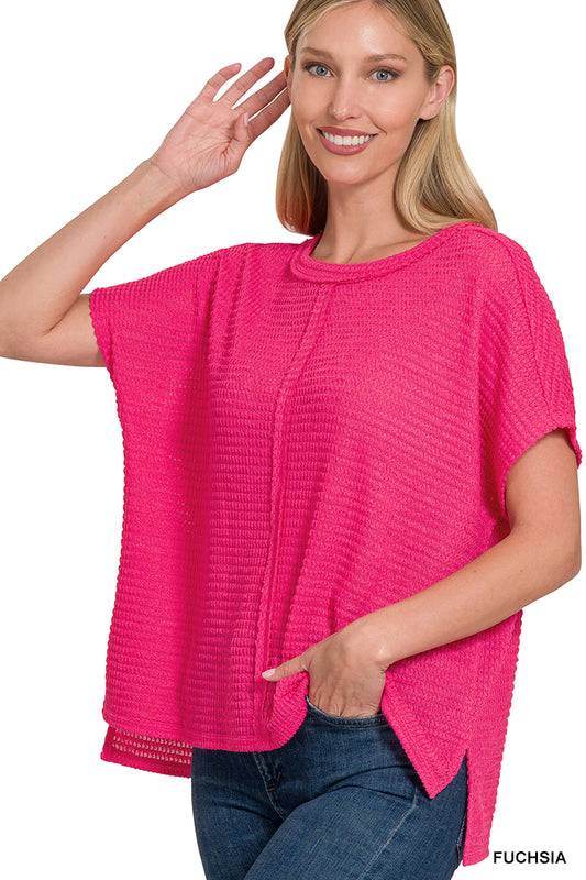 408- Fuchsia Dolman Waffle Short Sleeve Top