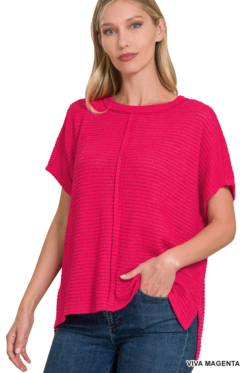 410- Viva Magenta Dolman Waffle Short Sleeve Top