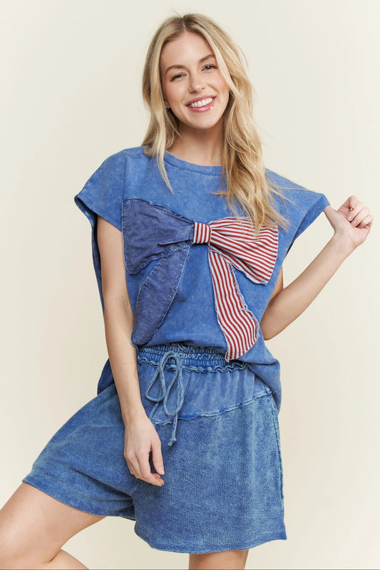 Blue Mineral Washed Americana Bow Boxy Sleeve Top by J. Her